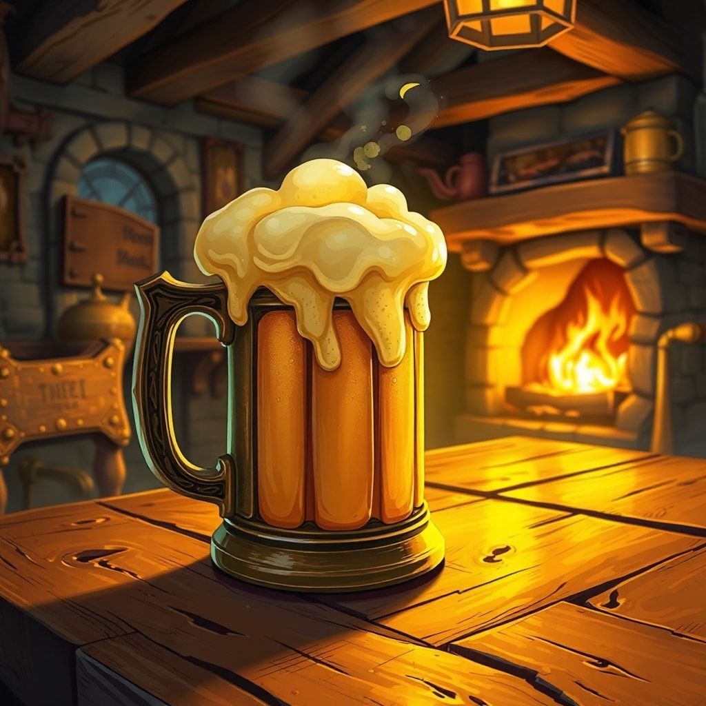 A frothy, overflowing tankard of golden ale rests on a weathered oak table, glowing under the warm amber light of a crackling hearth. The bustling tavern DND, dungeons of dragons