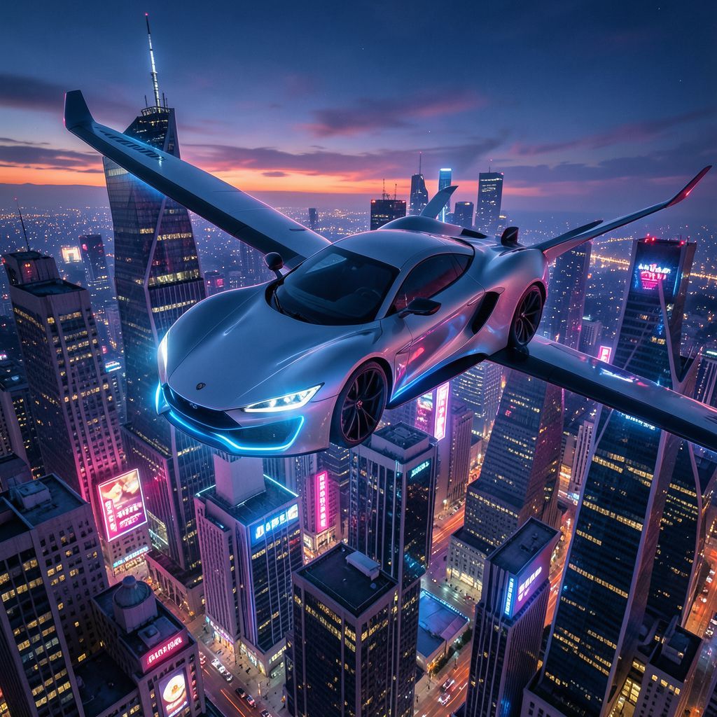 A sleek, silver flying car with glowing blue underlights hovers above a sprawling neon-lit metropolis at dusk, its wings casting dramatic shadows over towering skyscrapers. The city pulses with hol...
