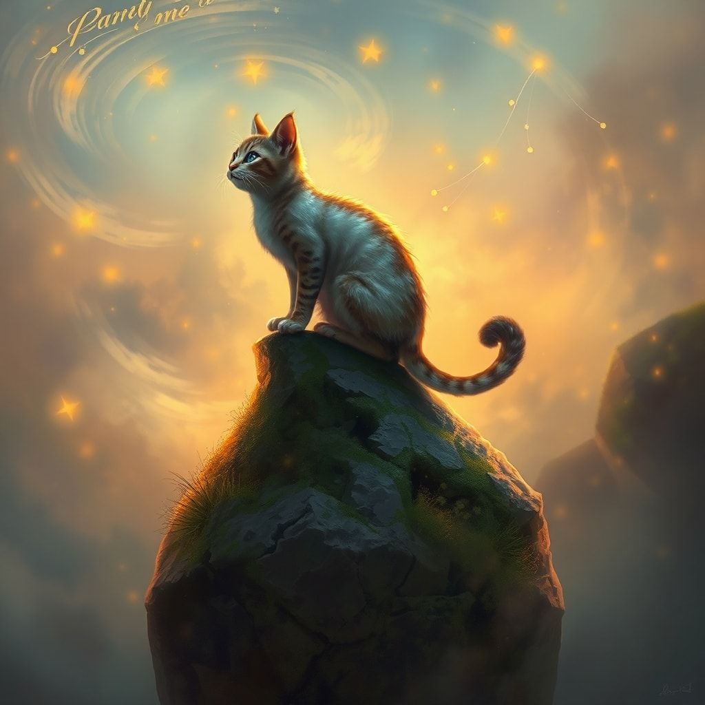 A delicate feline with iridescent fur perches atop an ancient, moss-covered stone, gazing into a swirling mist where fireflies dance like scattered stars. The scene is bathed in ethereal golden twi...