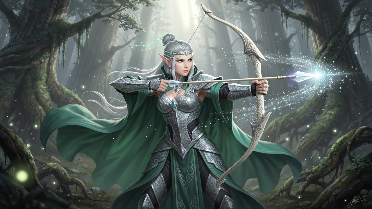 A majestic elven archer, adorned in intricate silver armor and flowing emerald cloaks, draws back a luminous bowstring, releasing an arrow that trails stardust through the ancient, mist-laden fores...