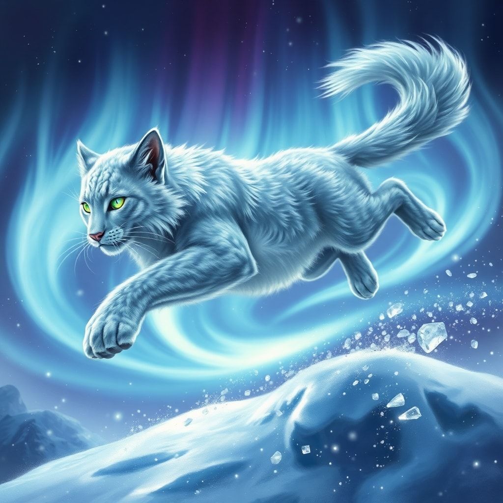 A majestic silver-furred feline with glowing emerald eyes leaps gracefully through a swirling aurora borealis, its tail trailing like a comet, surrounded by floating ice crystals and shimmering snow
