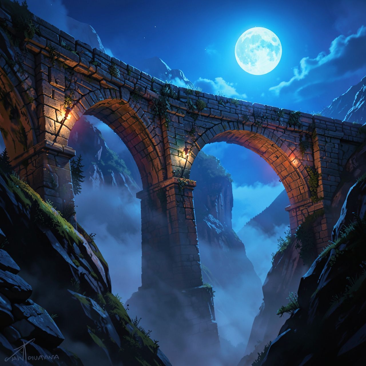 A towering stone bridge spans a misty ravine under a moonlit sky, its ancient arches glowing with flickering torchlight, casting long shadows on the weathered stone. The distant sound of howling wi...