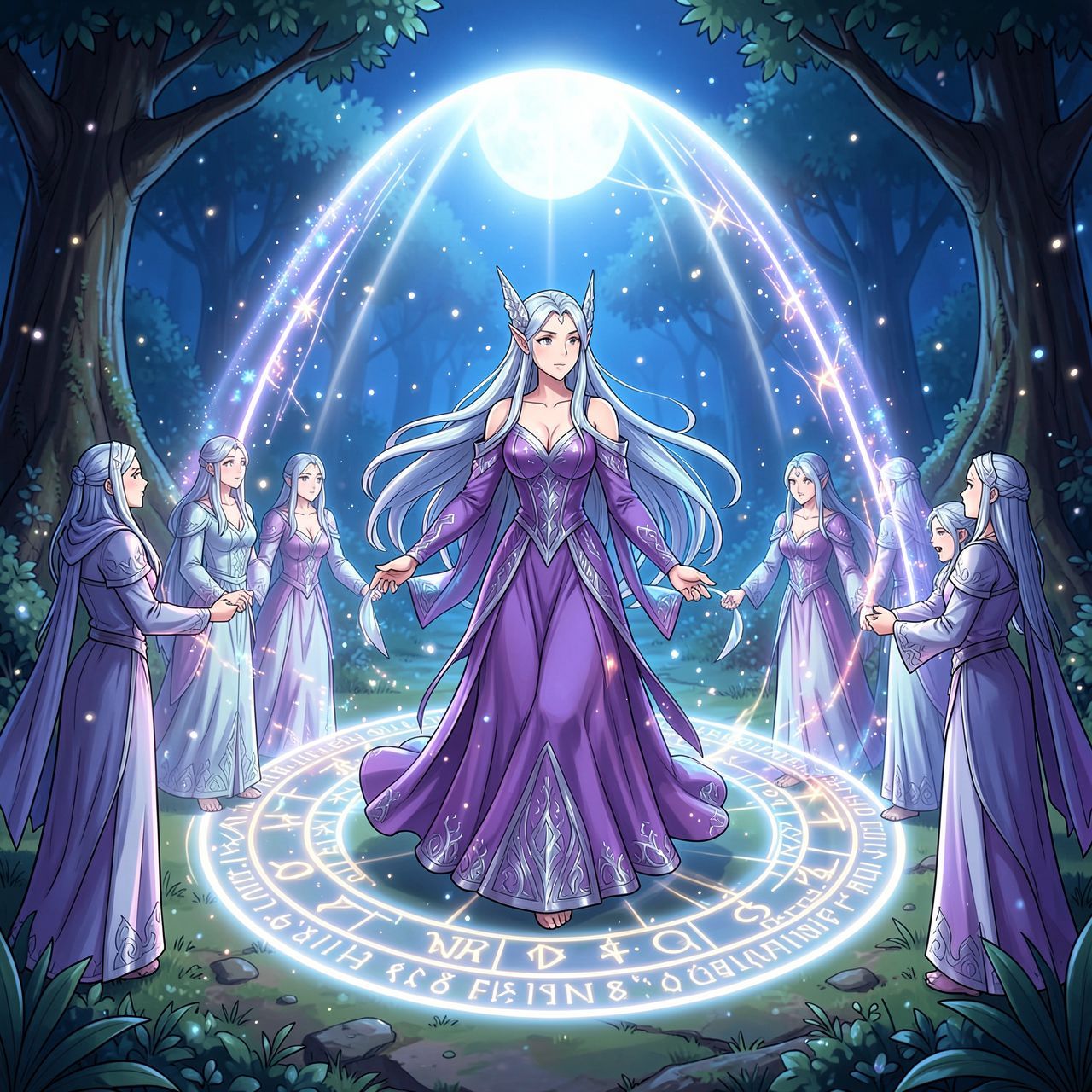 Elven magic circle ritual fantasy scene, beautiful elven maiden with long flowing silver hair standing inside a glowing magical circle, elegant elven woman in a flowing violet and silver dress with a serene expression, ancient runes and symbols forming a luminous circle on the ground, protective ward rising like a dome of light, other elven figures joining hands at the circle edge, sacred grove at night, soft moonlight and mystical particles, cinematic composition, cartoon style, anime art style, fantasy art style, mystical and protective mood, detailed and atmospheric, ethereal beauty, animated style, vibrant colors, cartoon style