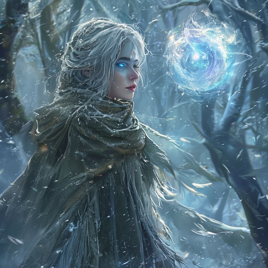 A mystical young woman with silver hair and glowing blue eyes stands amidst an ancient, snow-laden forest, her tattered cloak billowing in the icy wind as she gazes at a floating orb of ethereal li...