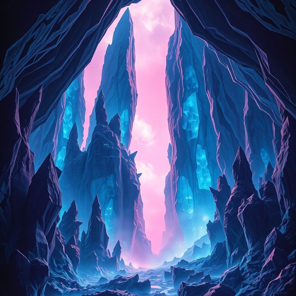 A surrealist crystal cave with towering, bioluminescent formations casting eerie blue and violet hues, impossible geometric angles defying gravity, dreamlike mist swirling between jagged spires, et...