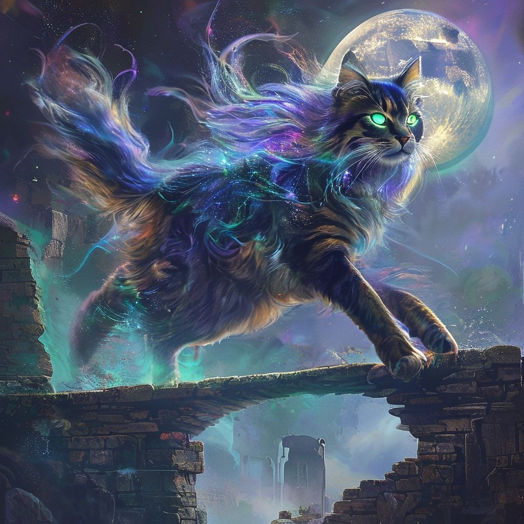 A majestic feline with iridescent fur and glowing emerald eyes leaps gracefully across a moonlit, ancient stone bridge, its tail flickering like a comet trail. Mist swirls around the crumbling ruin...