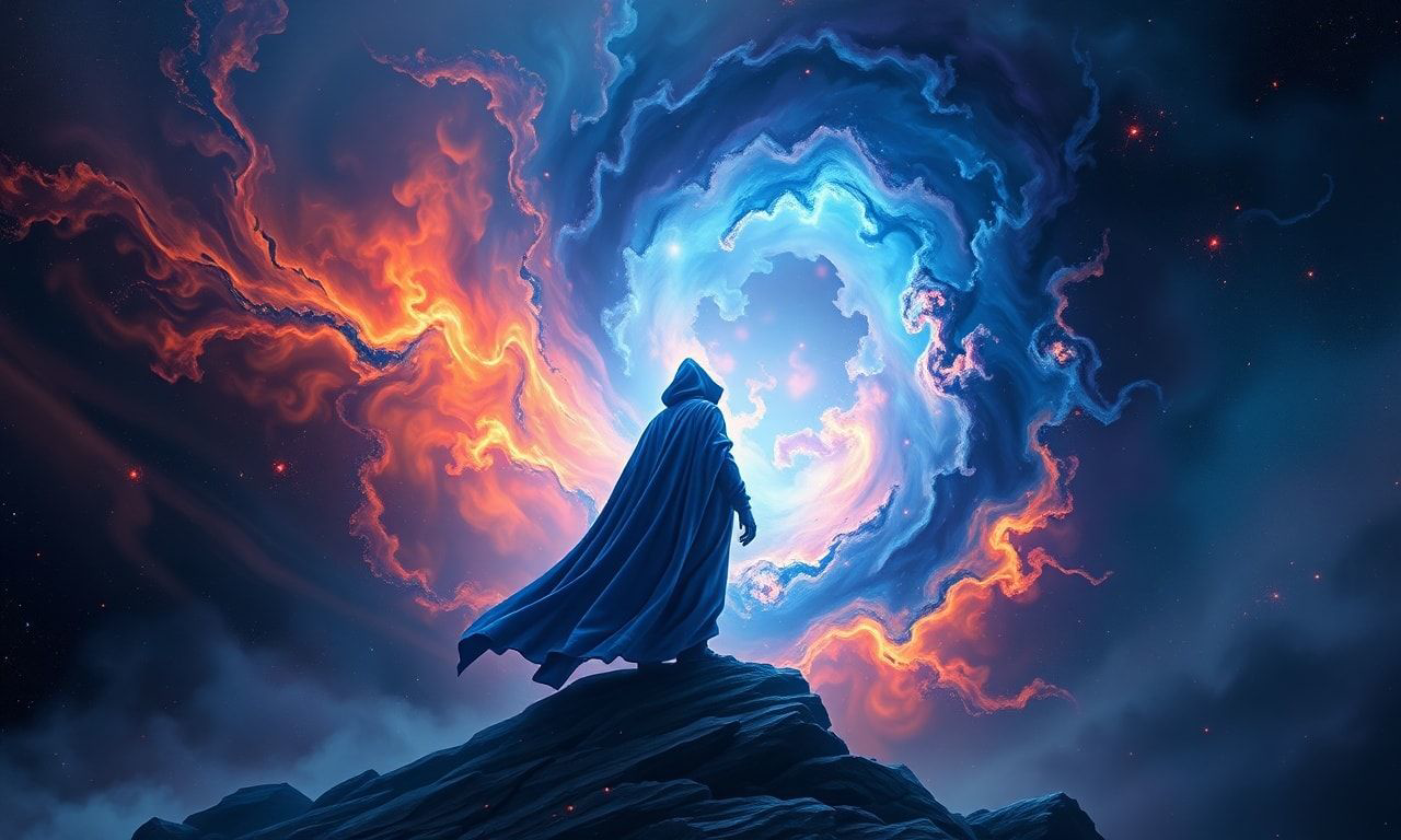 A solitary figure in a deep blue cloak stands at the edge of a swirling nebula, their form illuminated by the ethereal glow of cosmic energy, surrounded by a storm of fractal light and dark matter,...
