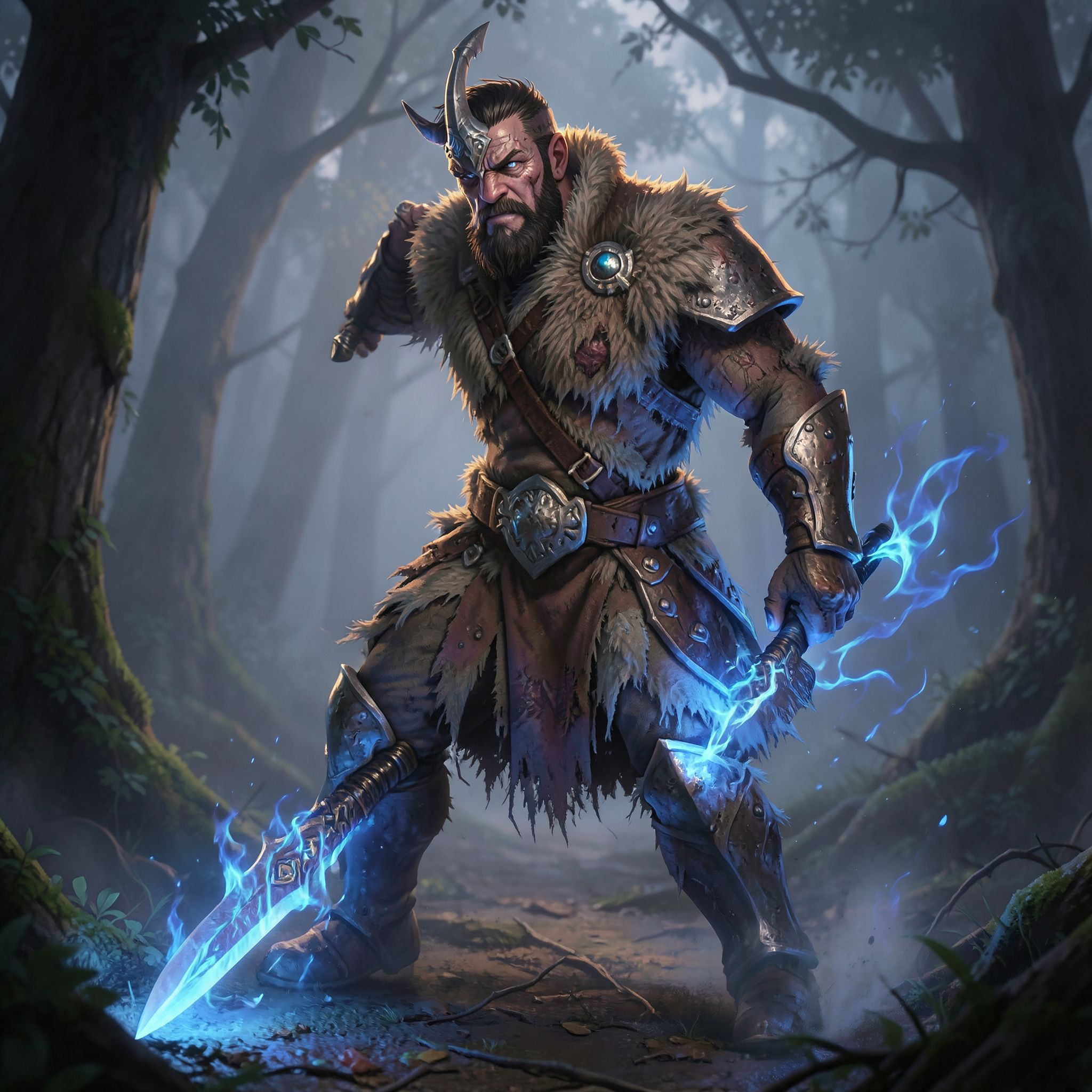 A battle-worn fantasy warrior, clad in tattered fur and enchanted steel, stands amidst a mist-shrouded forest at dusk, his sword glowing with ethereal blue flames as he faces an unseen foe, surroun...
