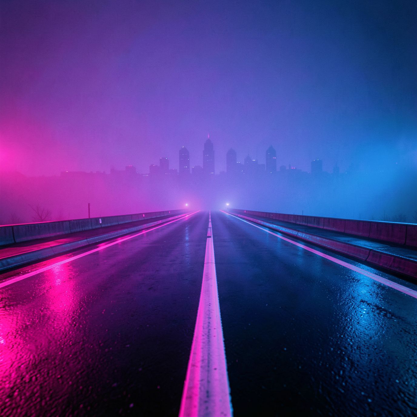 A cinematic synthwave scene at night: a long, empty futuristic road dominates the foreground, glowing with neon pink and electric blue light. Wet asphalt reflects the neon glow, creating strong symmetrical reflections and a sense of motion and depth. In the far distance, a futuristic city skyline is barely visible through thick violet-blue fog, reduced to soft silhouettes with no visible details. The focus is entirely on the road and atmosphere, not the buildings. The mood is lonely, epic, and retro-futuristic, inspired by synthwave aesthetics. 80s cyberpunk mood, neon haze, minimal city presence, wide-angle perspective, cinematic lighting, retro-futurism, ultra-detailed, high contrast, album cover, 4K, no text, no signs, no billboards, no letters, no symbols, no logos.