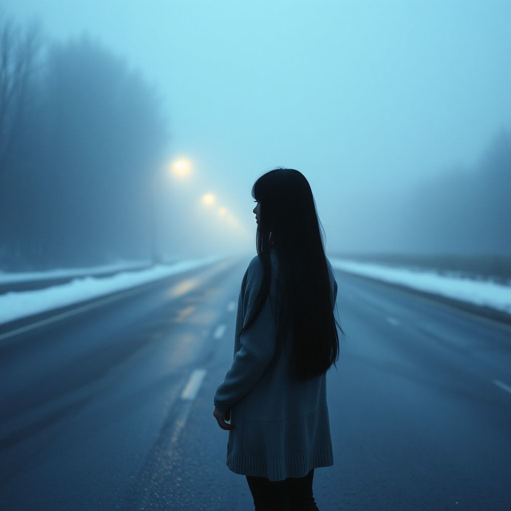 A girl with long black hair stands facing away, looking into the distance on a foggy road. The winter atmosphere feels cold and damp, like after a light rain. Thick February fog drifts across the empty road, reflecting soft, muted streetlight glow. The ground is slightly wet, adding subtle reflections. Pale blue and gray tones dominate the scene. The mood is quiet, melancholic, and cinematic, as if frozen in time. Cinematic composition, wide-angle shot, soft diffused lighting, shallow depth of field, realistic textures, gentle film grain, emotional winter atmosphere, like a scene from a slow, intimate film.