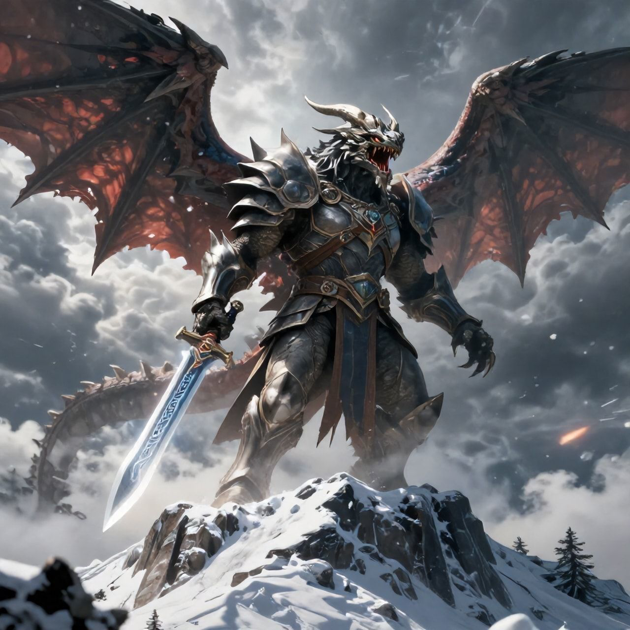 A towering, armored warrior stands atop a snow-capped peak, wielding a glowing rune-etched blade as a colossal, scaled beast descends from storm-wracked skies, its wings casting jagged shadows over...