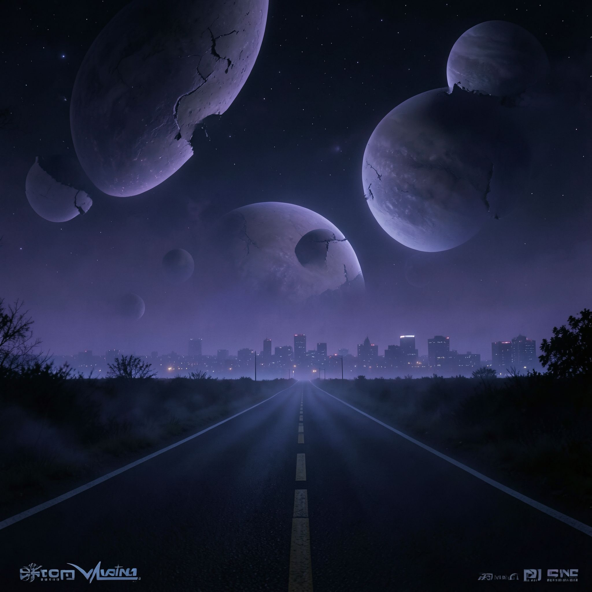 A dark, cinematic synthwave scene where a lonely night road fades into an otherworldly cosmic landscape. The city feels distant and abstract, barely visible through deep violet and blue mist. Above the horizon, massive planets and fractured moons glow softly, suspended in the dark sky like ancient celestial beings.