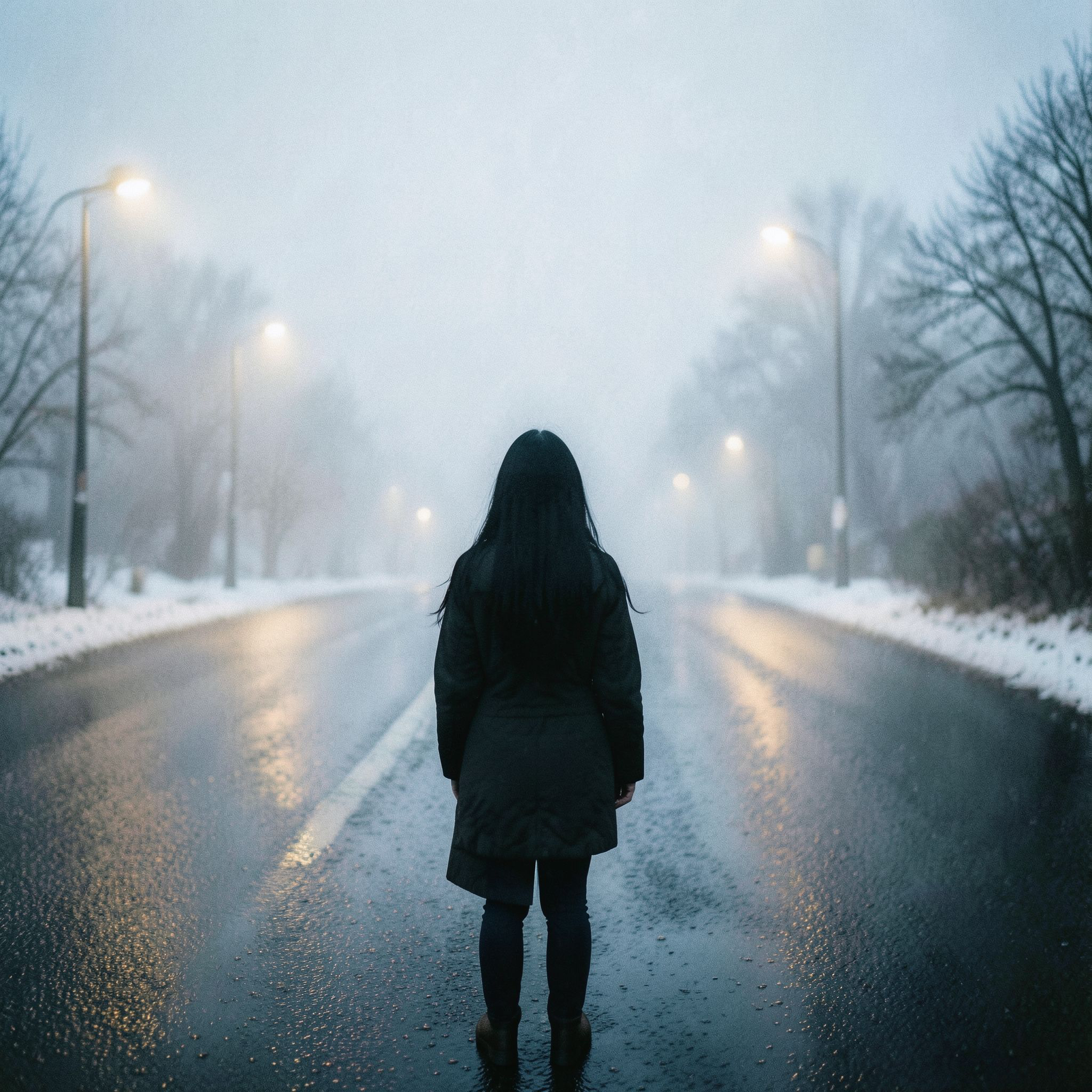 A girl with long black hair stands facing away, looking into the distance on a foggy road. The winter atmosphere feels cold and damp, like after a light rain. Thick February fog drifts across the empty road, reflecting soft, muted streetlight glow. The ground is slightly wet, adding subtle reflections. Pale blue and gray tones dominate the scene. The mood is quiet, melancholic, and cinematic, as if frozen in time. Cinematic composition, wide-angle shot, soft diffused lighting, shallow depth of field, realistic textures, gentle film grain, emotional winter atmosphere, like a scene from a slow, intimate film.