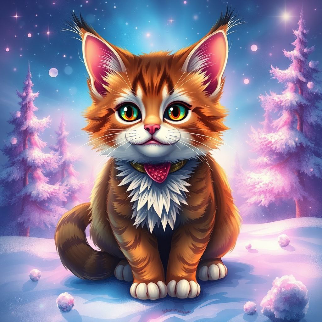 fantasy kitty with magical winter background