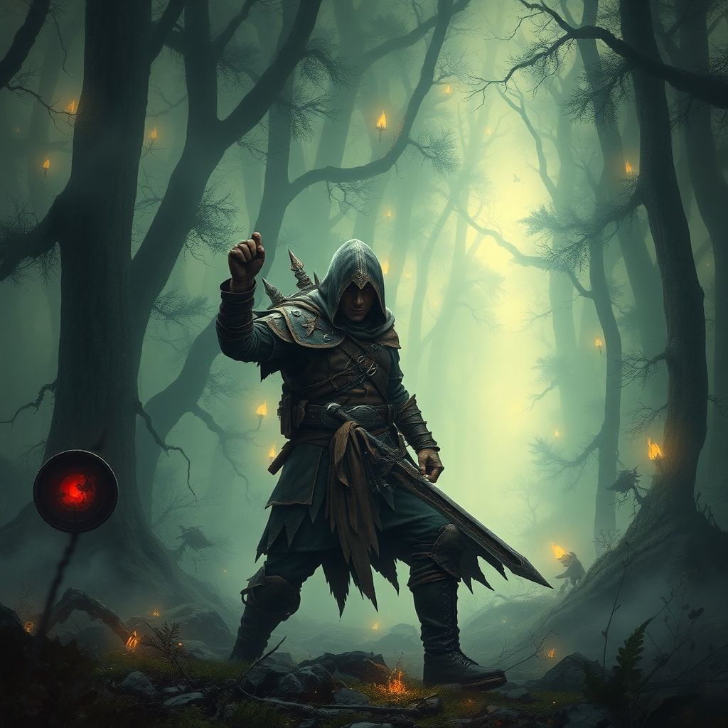 A lone fantasy warrior, clad in weathered leather armor and a tattered cloak, stands amidst a dense, mist-shrouded forest, his sword drawn, ready for battle. The forest is alive with eerie, glowing...