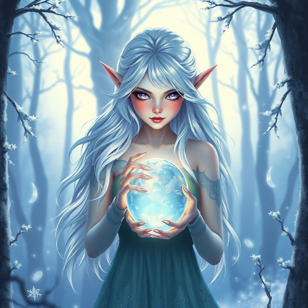 A delicate elven maiden with silver hair and luminous violet eyes stands poised in a frost-kissed enchanted forest, her breath visible in the crisp air as she gently cradles a glowing crystal orb. ...