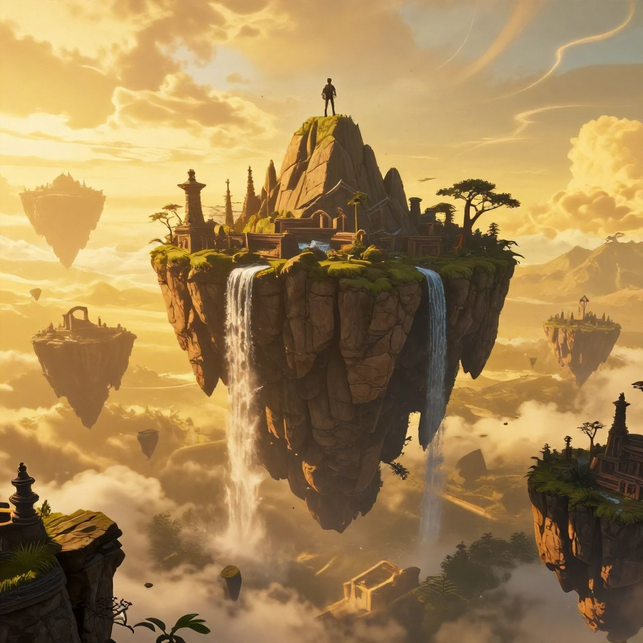 A vast expanse of floating islands drifts through a golden twilight sky, their jagged cliffs adorned with ancient ruins and cascading waterfalls. A lone adventurer stands atop the highest peak, sil...
