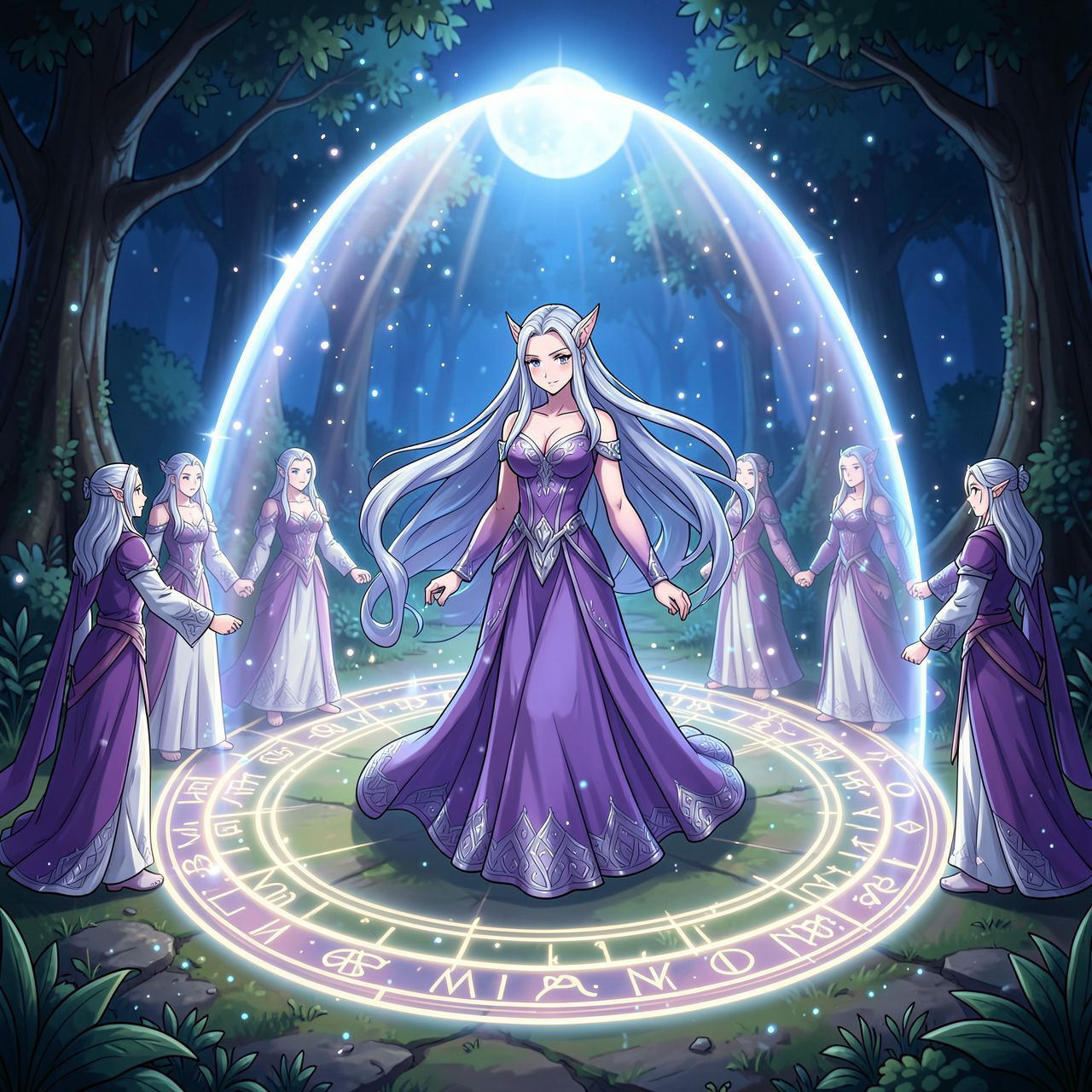 Elven magic circle ritual fantasy scene, beautiful elven maiden with long flowing silver hair standing inside a glowing magical circle, elegant elven woman in a flowing violet and silver dress with a serene expression, ancient runes and symbols forming a luminous circle on the ground, protective ward rising like a dome of light, other elven figures joining hands at the circle edge, sacred grove at night, soft moonlight and mystical particles, cinematic composition, cartoon style, anime art style, fantasy art style, mystical and protective mood, detailed and atmospheric, ethereal beauty, animated style, vibrant colors, cartoon style
