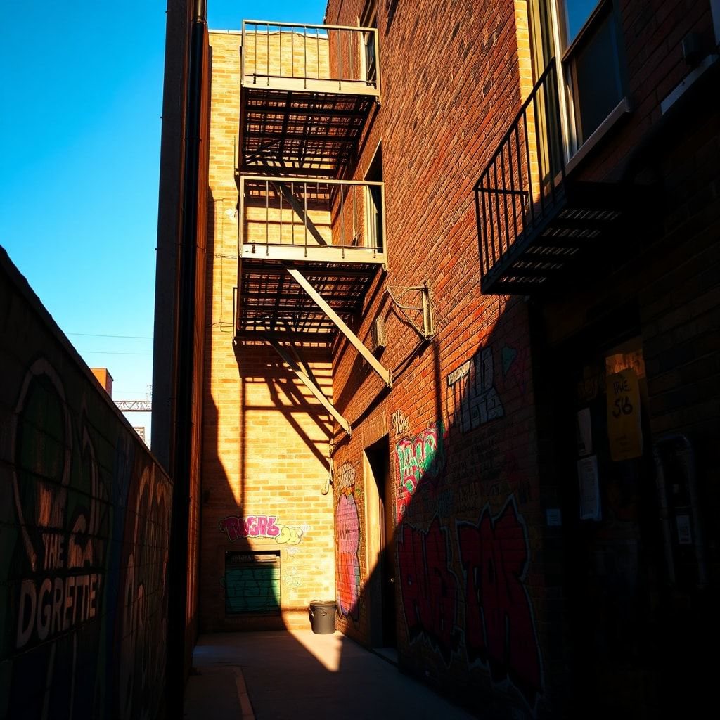A narrow, sun-drenched alleyway bathed in golden hour light, vibrant street art covering weathered brick walls, casting long shadows from a fire escape, warm tones contrasting with cool graffiti hu...