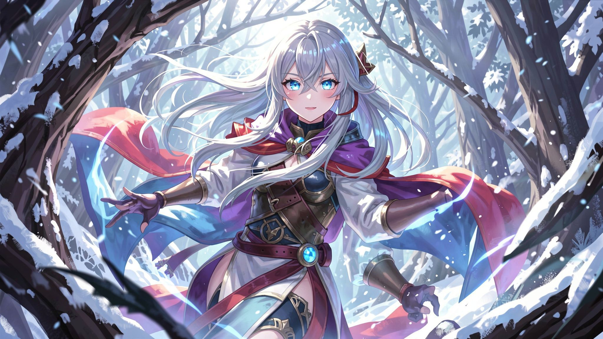 mystical young woman with silver hair and glowing blue eyes stands amidst an ancient, snow-laden forest