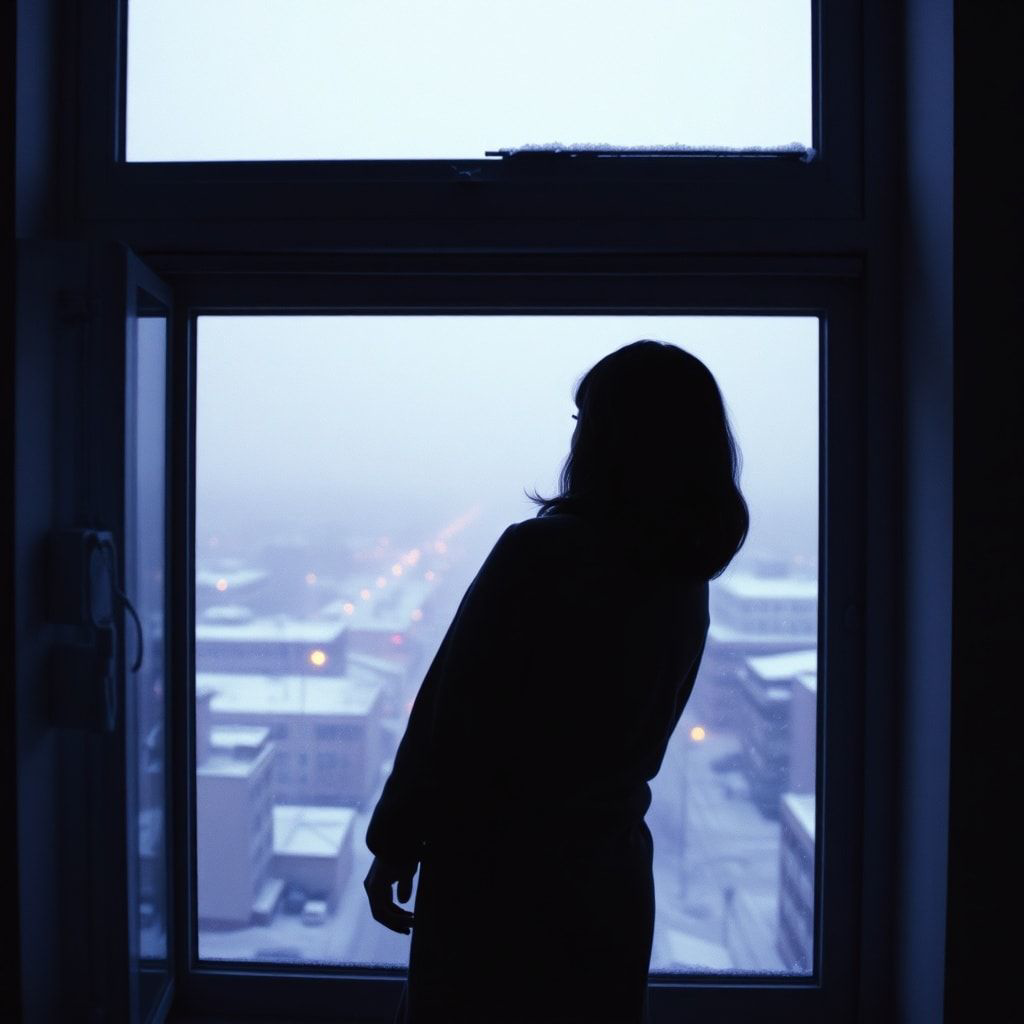 A girl stands inside a quiet room, facing away, looking out through a window. Outside, a foggy February winter unfolds — light snowfall drifts slowly through the air, and the sky glows with soft violet and muted purple tones. The city beyond the glass feels distant and blurred by mist. Cold winter light enters the room gently, casting subtle shadows. The atmosphere is calm, introspective, and emotional, capturing a moment of stillness and inner change. Cinematic composition, soft diffused lighting, shallow depth of field, cool color palette with violet accents, misty winter mood, realistic textures, gentle film grain, intimate and poetic atmosphere, like a scene from a quiet winter film.