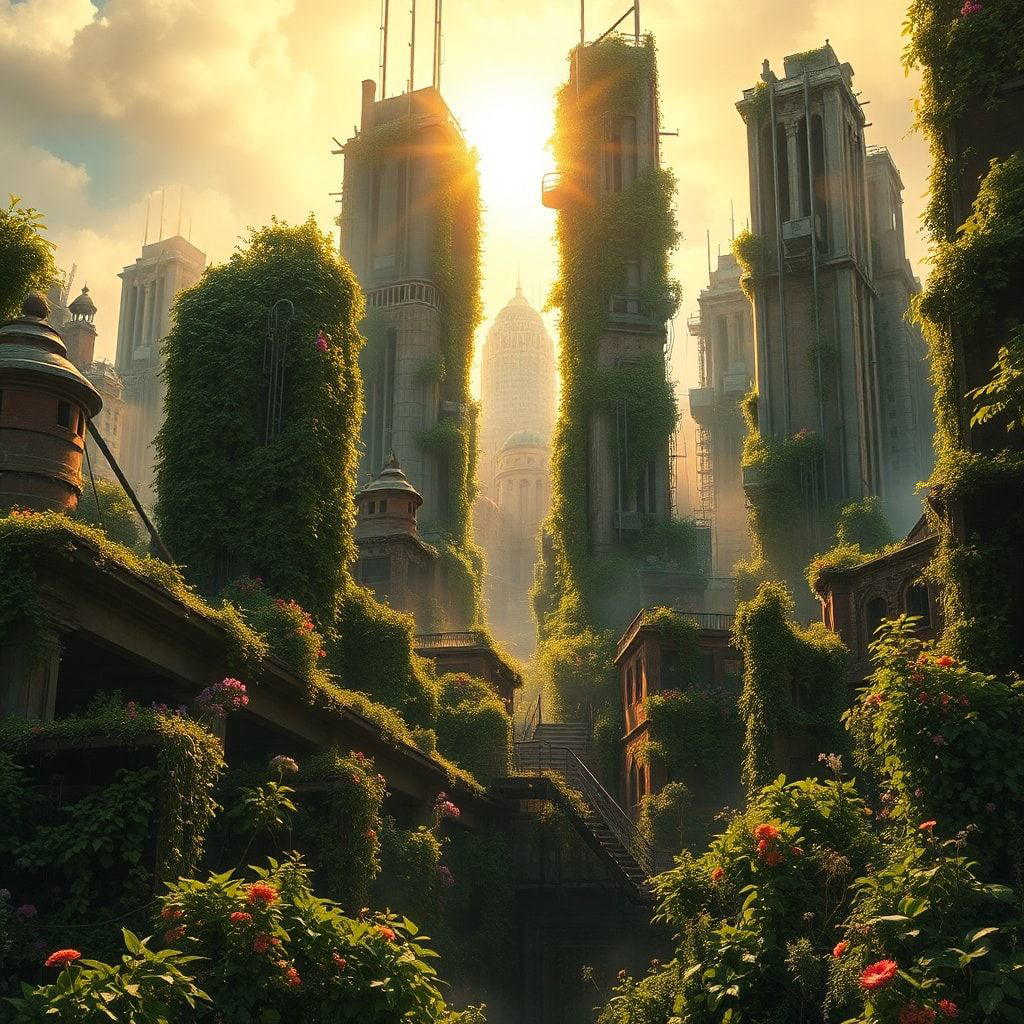 A sprawling abandoned metropolis reclaimed by lush, vibrant foliage, towering skyscrapers draped in ivy and wildflowers, golden sunlight piercing through dense mist, casting dramatic shadows across...