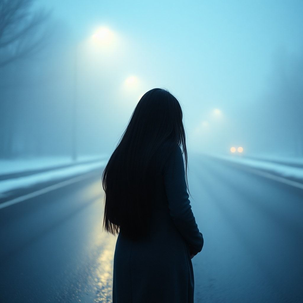 A girl with long black hair stands facing away, looking into the distance on a foggy road. The winter atmosphere feels cold and damp, like after a light rain. Thick February fog drifts across the empty road, reflecting soft, muted streetlight glow. The ground is slightly wet, adding subtle reflections. Pale blue and gray tones dominate the scene. The mood is quiet, melancholic, and cinematic, as if frozen in time. Cinematic composition, wide-angle shot, soft diffused lighting, shallow depth of field, realistic textures, gentle film grain, emotional winter atmosphere, like a scene from a slow, intimate film.