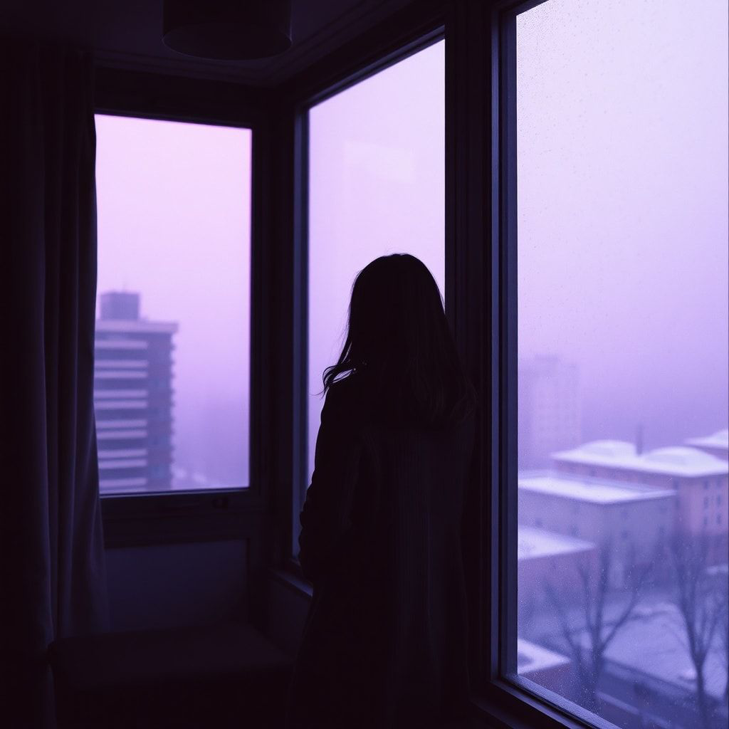 A girl stands inside a quiet room, facing away, looking out through a window. Outside, a foggy February winter unfolds — light snowfall drifts slowly through the air, and the sky glows with soft violet and muted purple tones. The city beyond the glass feels distant and blurred by mist. Cold winter light enters the room gently, casting subtle shadows. The atmosphere is calm, introspective, and emotional, capturing a moment of stillness and inner change. Cinematic composition, soft diffused lighting, shallow depth of field, cool color palette with violet accents, misty winter mood, realistic textures, gentle film grain, intimate and poetic atmosphere, like a scene from a quiet winter film.