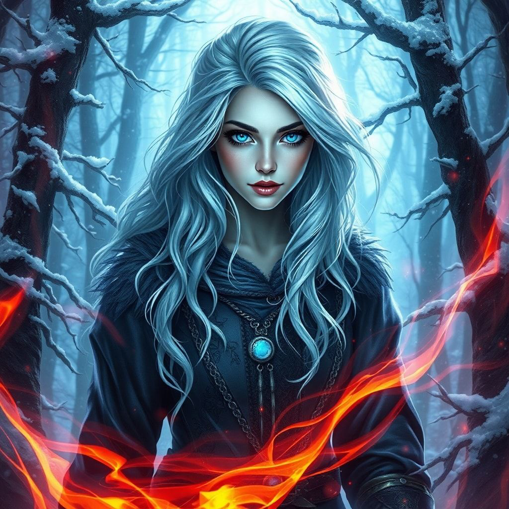 mystical young woman with silver hair and glowing blue eyes stands amidst an ancient, snow-laden forest