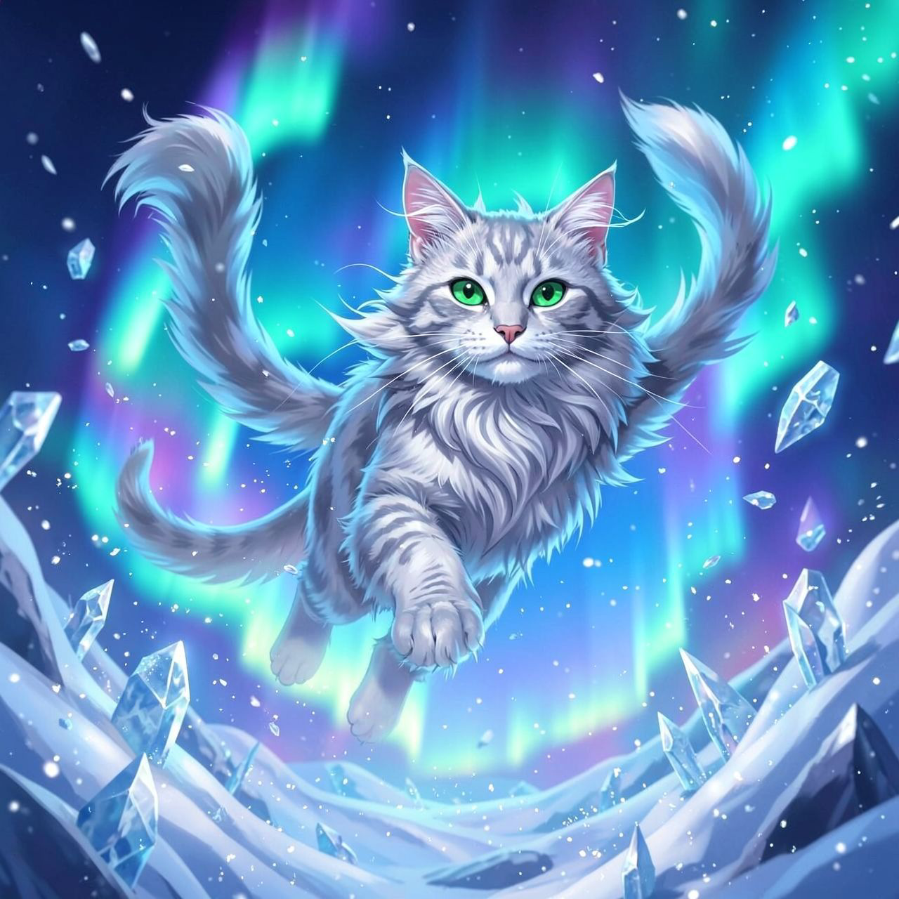 A majestic silver-furred feline with glowing emerald eyes leaps gracefully through a swirling aurora borealis, its tail trailing like a comet, surrounded by floating ice crystals and shimmering snow