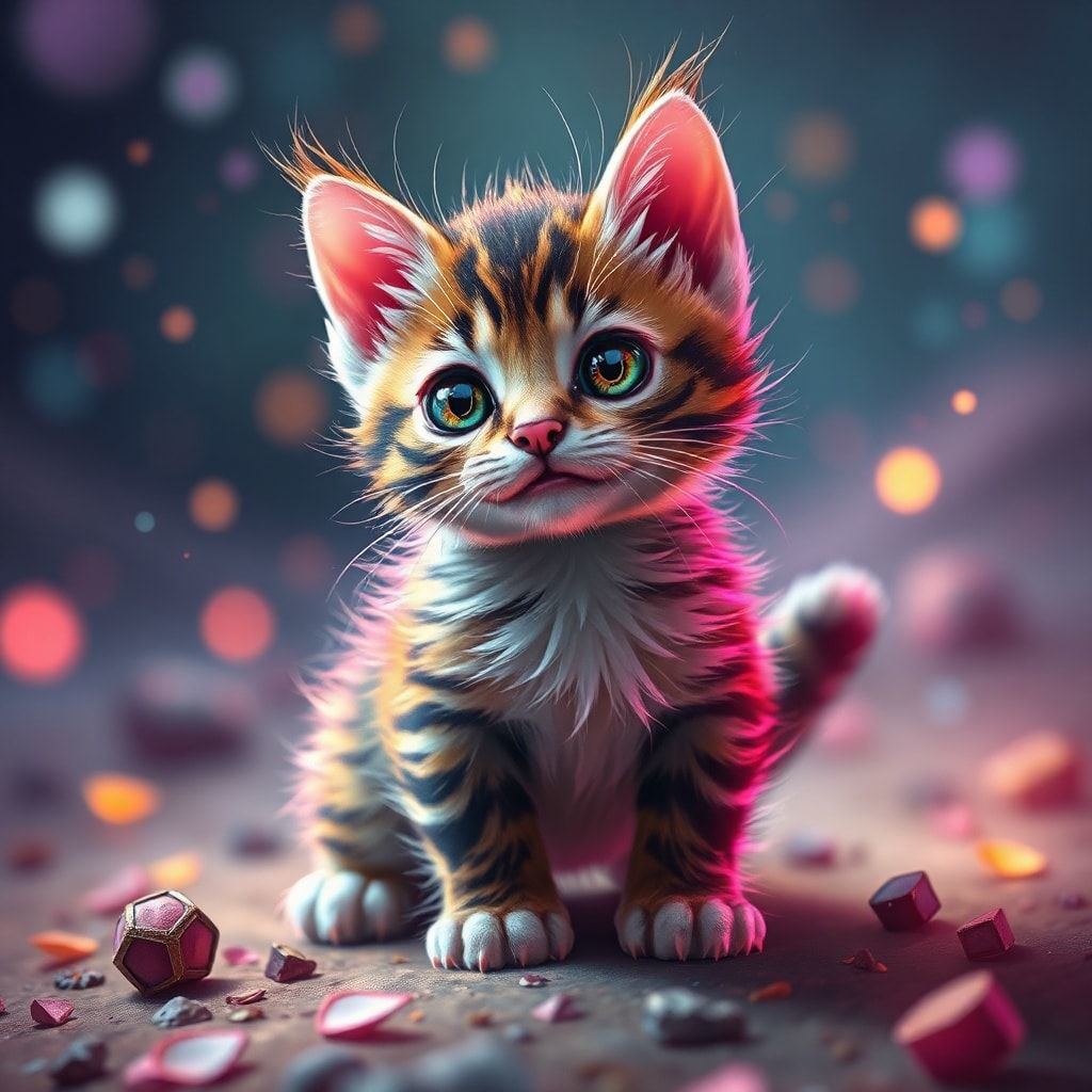 Tiny kitty, fantasy style, filmic score like