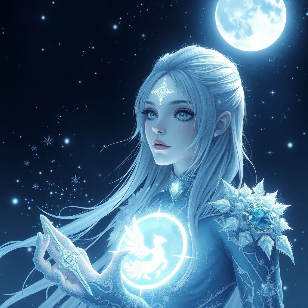 ethereal frozen oracle girl, pale icy skin, white-silver hair, luminous moon sigil, frost particles, cosmic silence, cinematic ultra-detailed