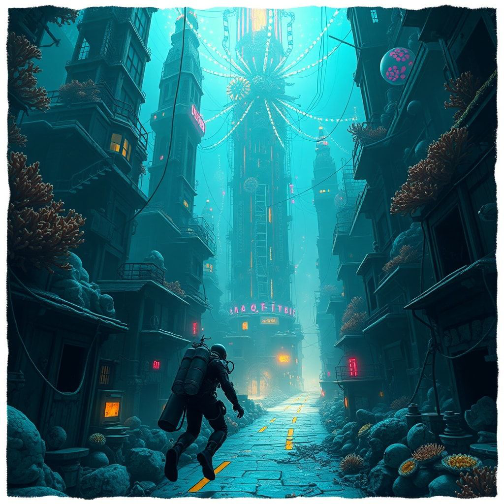 A lone deep-sea explorer in a high-tech diving suit navigates through the labyrinthine streets of an abandoned underwater metropolis, where towering coral skyscrapers pulse with an eerie biolumines...