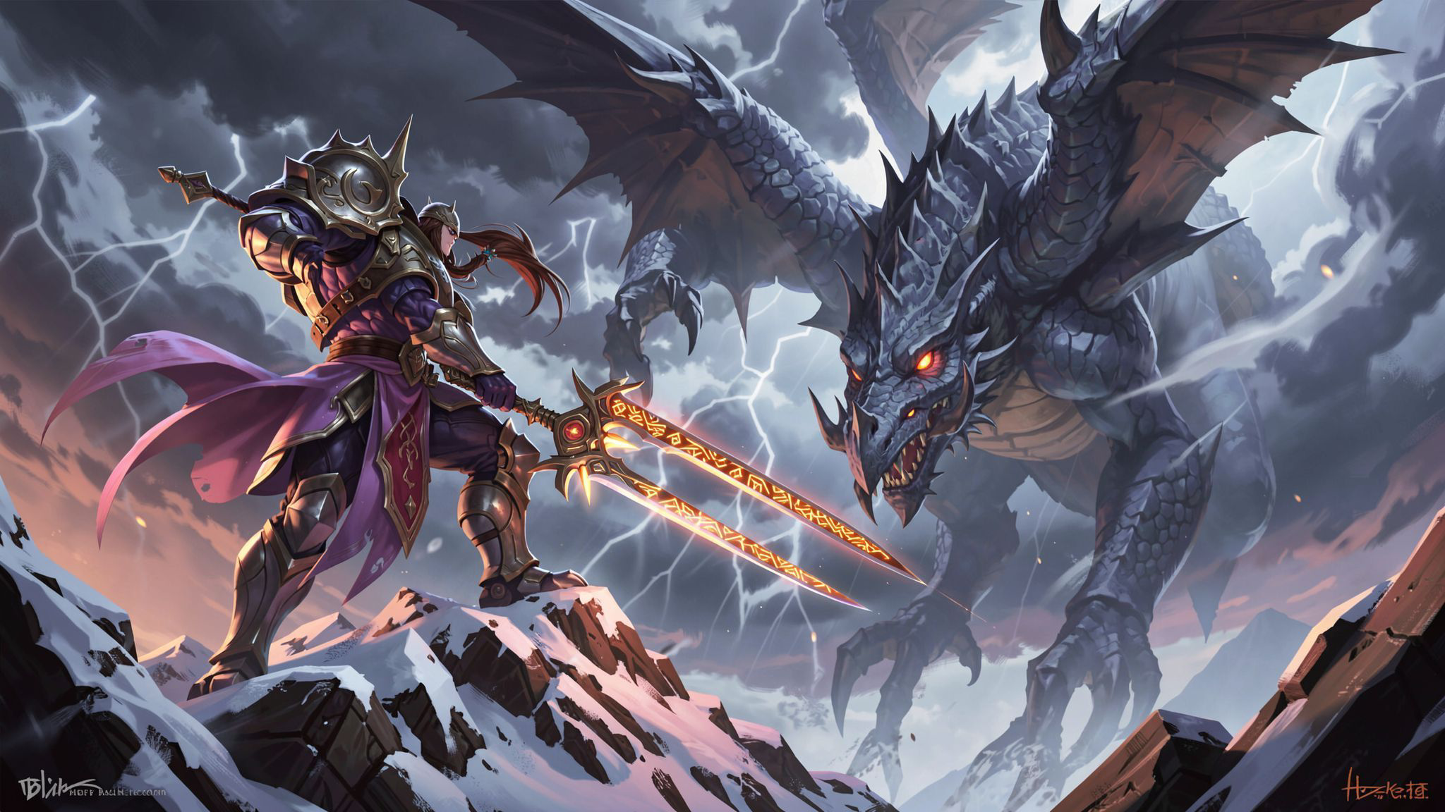 A towering, armored warrior stands atop a snow-capped peak, wielding a glowing rune-etched blade as a colossal, scaled beast descends from storm-wracked skies, its wings casting jagged shadows over...