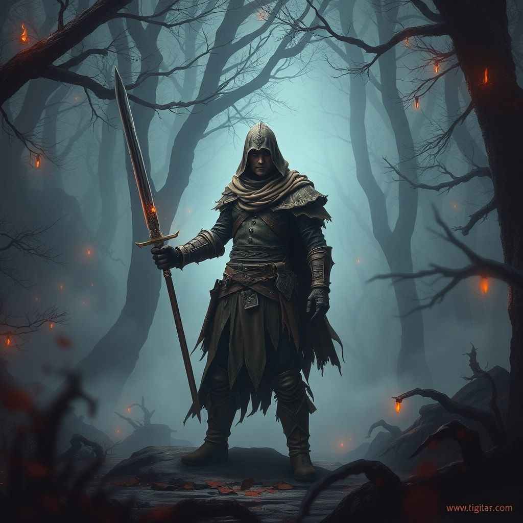 A lone fantasy warrior, clad in weathered leather armor and a tattered cloak, stands amidst a dense, mist-shrouded forest, his sword drawn, ready for battle. The forest is alive with eerie, glowing...