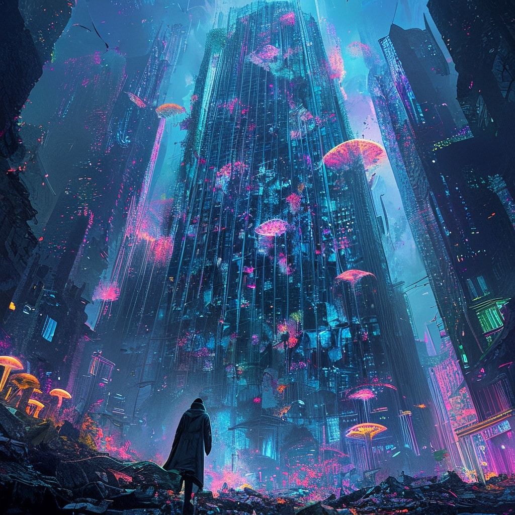 A towering, vine-choked skyscraper looms over a fractured metropolis, its glass panes shattered like dragon scales, while bioluminescent fungi pulse in the ruins below. A lone, hooded figure stands...