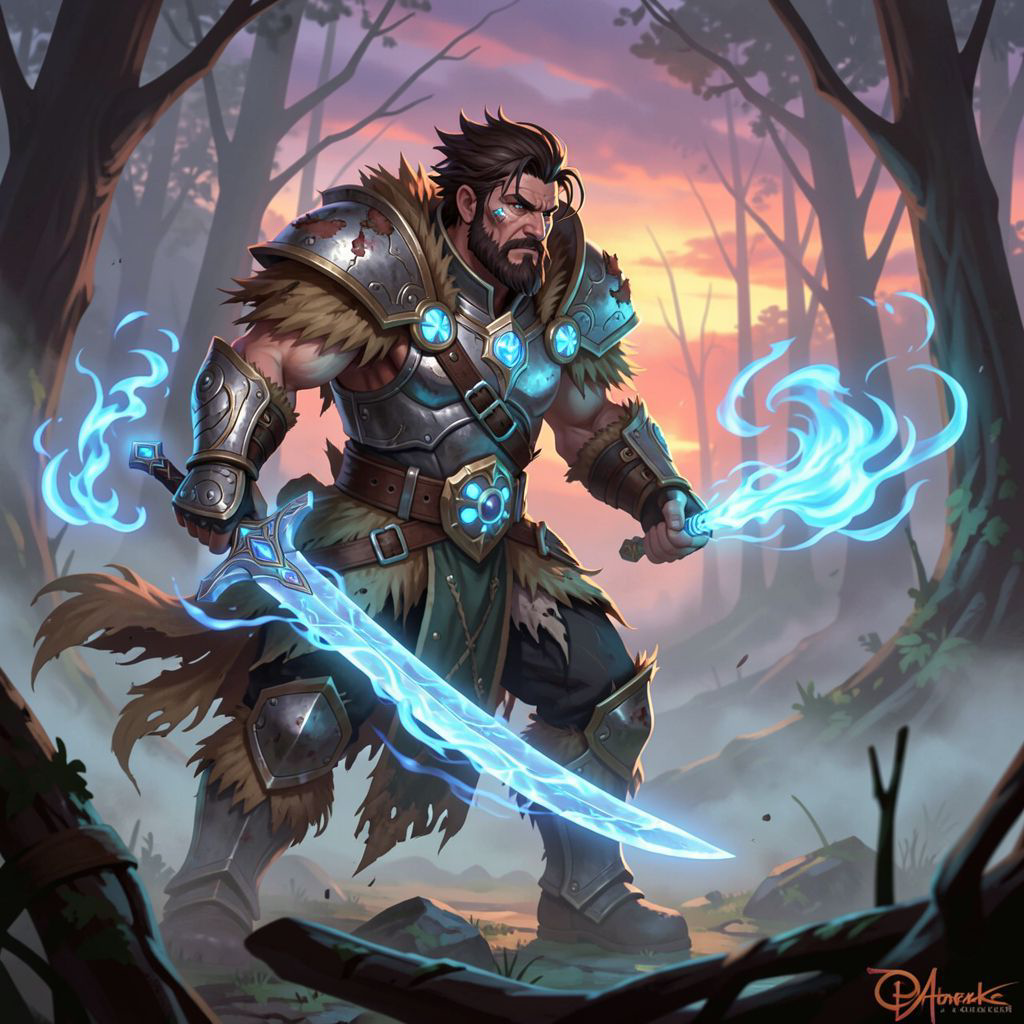 A battle-worn fantasy warrior, clad in tattered fur and enchanted steel, stands amidst a mist-shrouded forest at dusk, his sword glowing with ethereal blue flames as he faces an unseen foe, surroun...