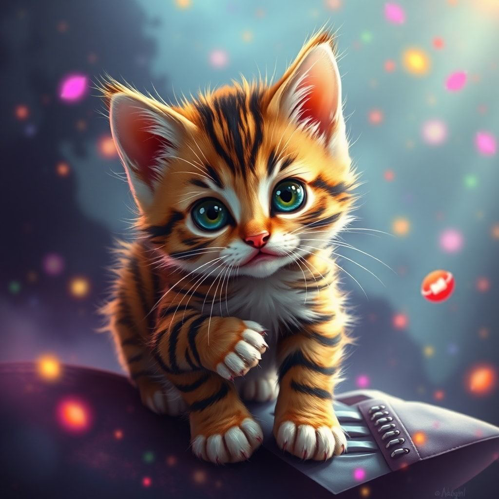 Tiny kitty, fantasy style, filmic score like