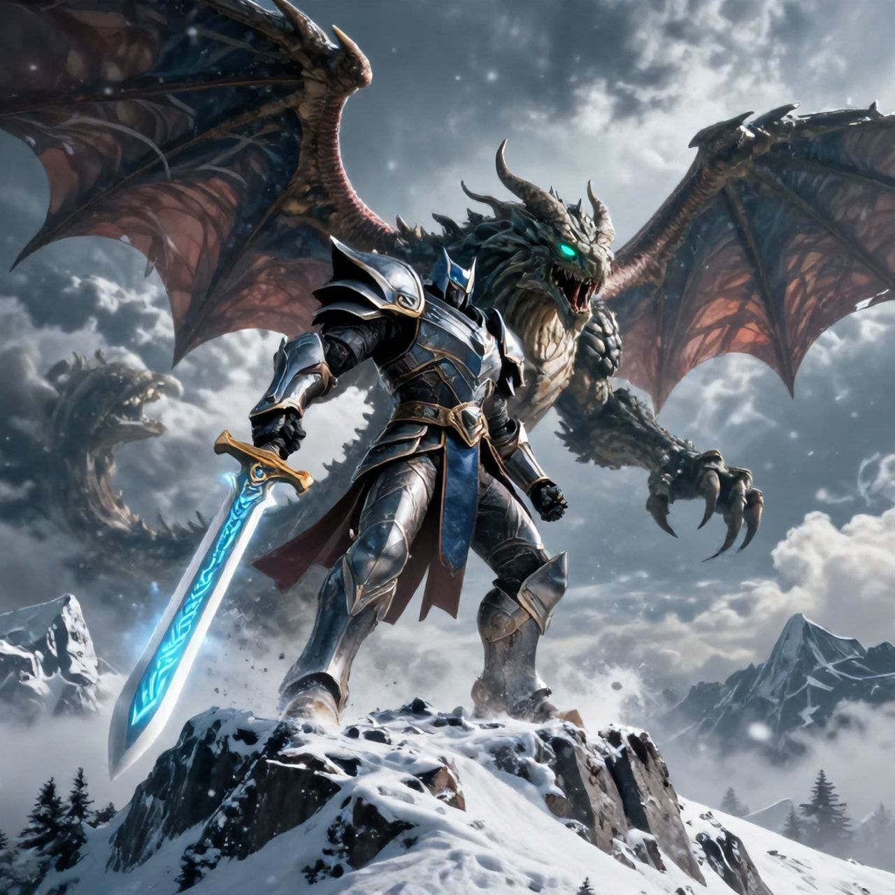 A towering, armored warrior stands atop a snow-capped peak, wielding a glowing rune-etched blade as a colossal, scaled beast descends from storm-wracked skies, its wings casting jagged shadows over...