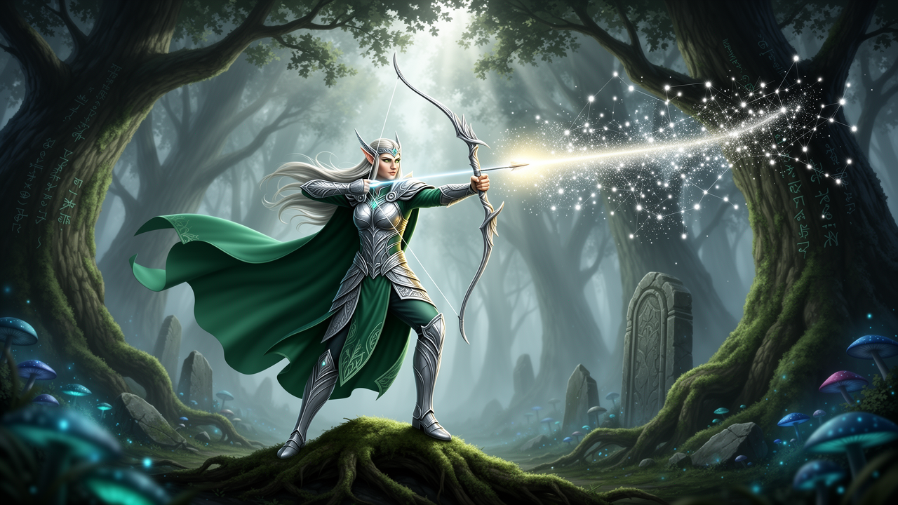 A majestic elven archer, adorned in intricate silver armor and flowing emerald cloaks, draws back a luminous bowstring, releasing an arrow that trails stardust through the ancient, mist-laden fores...