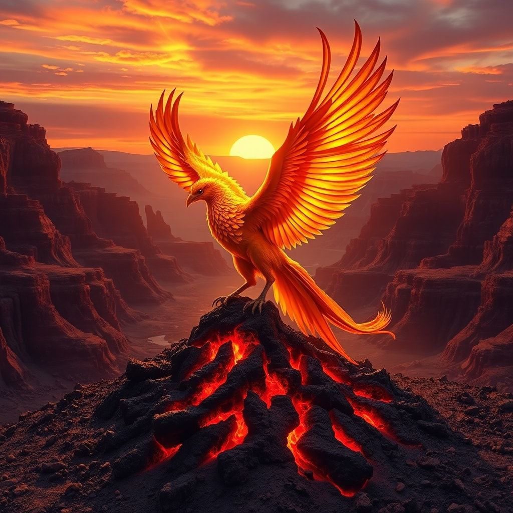 A majestic phoenix, its feathers ablaze with golden and crimson hues, rises from a smoldering ash mound in a vast, desolate canyon at dusk, backlit by a fiery sunset casting long shadows, with dram...