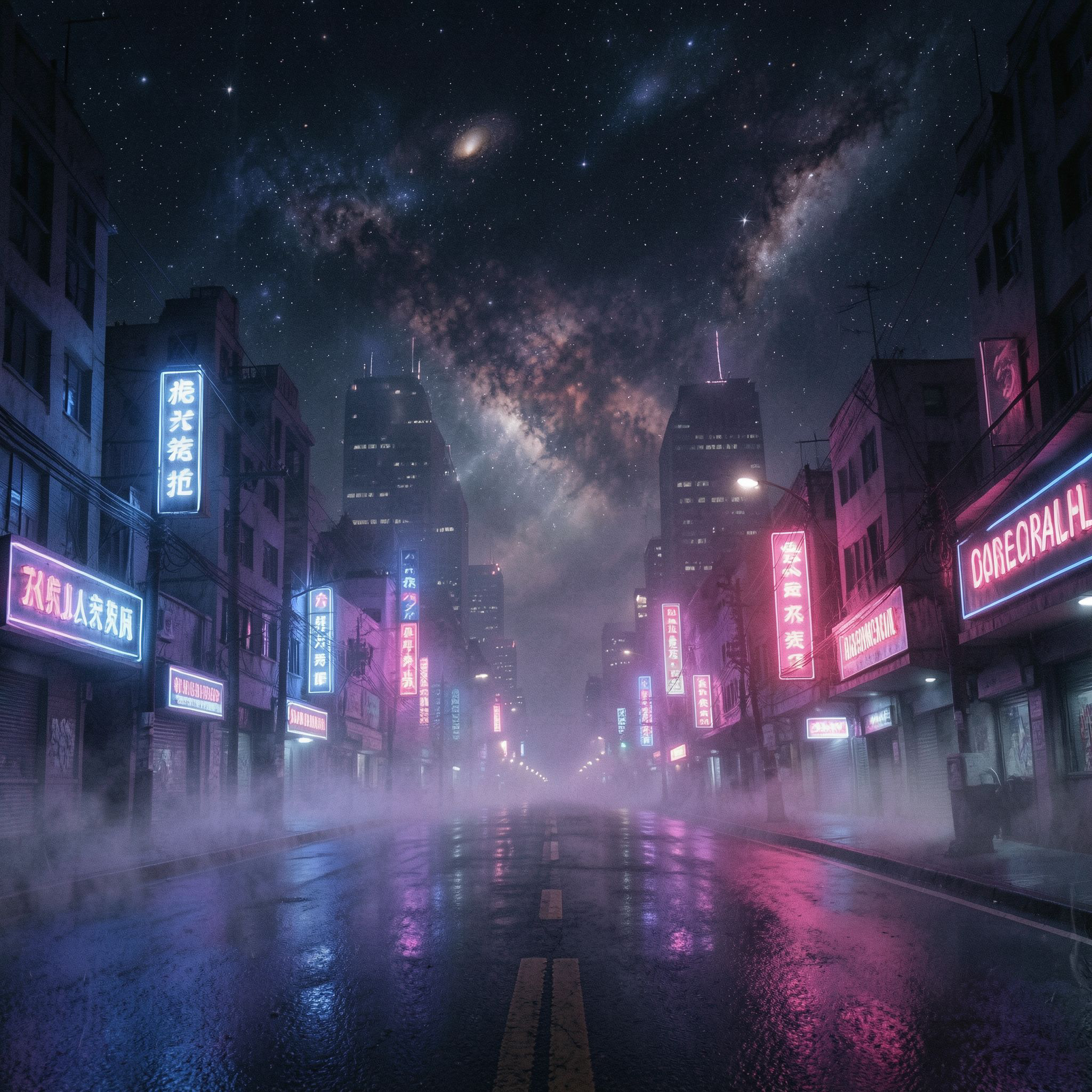 A dark synthwave cinematic scene: an empty night road cutting through a futuristic noir city, glowing with deep neon lights in purple, blue, and crimson. Thick fog drifts across the street, reflecting neon signs and distant skyscrapers. Above the city, the night sky opens into a surreal cosmic view — stars, nebula clouds, and faint galaxies blending into the urban skyline. The atmosphere is mysterious, epic, and cinematic, mixing cyberpunk noir with cosmic fantasy. High contrast lighting, dramatic perspective, wide-angle shot, neon reflections on wet asphalt, volumetric fog, deep shadows, subtle film grain, retro-futuristic color palette, epic dark mood, like a scene from a sci-fi movie.