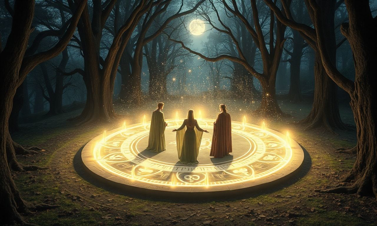 Cinematic elven magic circle ritual fantasy video, slow panning around a sacred grove where an elegant elven maiden and companions form a glowing magic circle, runes and wards rising in the air, gentle camera movements and smooth transitions, soft light particles and dome of protection, moonlight through ancient trees, ritual and protective atmosphere, fantasy aesthetic, peaceful and mystical mood, high quality visual effects, dreamlike composition
