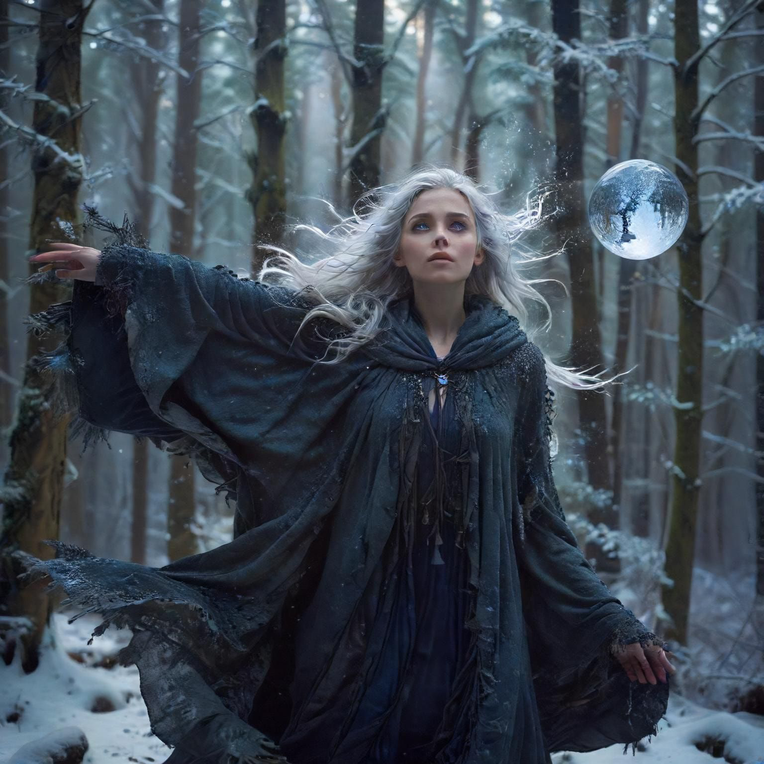 A mystical young woman with silver hair and glowing blue eyes stands amidst an ancient, snow-laden forest, her tattered cloak billowing in the icy wind as she gazes at a floating orb of ethereal li...