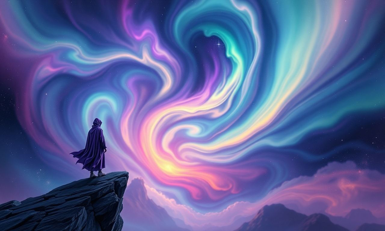 A solitary wanderer in a deep violet robe stands poised on the edge of a vast, swirling cosmic abyss, their form illuminated by the ethereal glow of a shimmering aurora, as vibrant, undulating ribb...