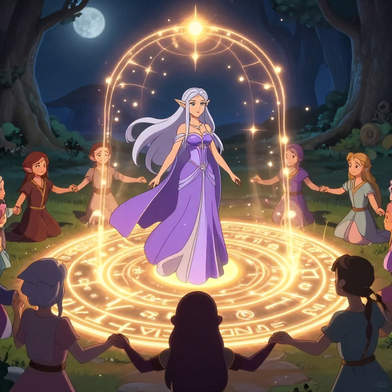 Elven magic circle ritual fantasy scene, beautiful elven maiden with long flowing silver hair standing inside a glowing magical circle, elegant elven woman in a flowing violet and silver dress with a serene expression, ancient runes and symbols forming a luminous circle on the ground, protective ward rising like a dome of light, other elven figures joining hands at the circle edge, sacred grove at night, soft moonlight and mystical particles, cinematic composition, cartoon style, anime art style, fantasy art style, mystical and protective mood, detailed and atmospheric, ethereal beauty, animated style, vibrant colors, cartoon style