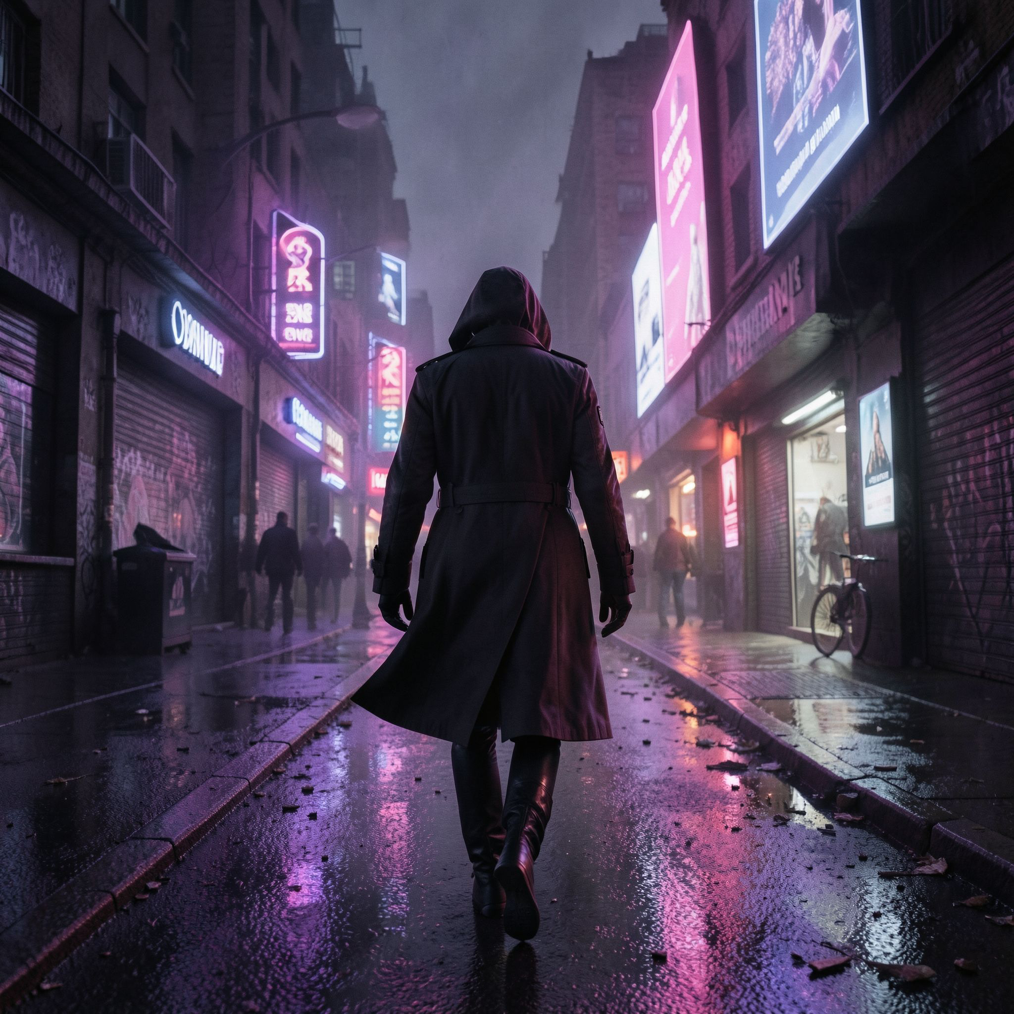 A lone figure in a sleek, high-tech trench coat strides down a desolate neon-lit boulevard, their silhouette flickering under the glow of holographic billboards casting eerie purple and crimson hue...