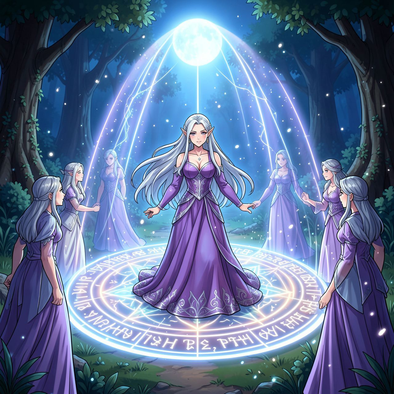 Elven magic circle ritual fantasy scene, beautiful elven maiden with long flowing silver hair standing inside a glowing magical circle, elegant elven woman in a flowing violet and silver dress with a serene expression, ancient runes and symbols forming a luminous circle on the ground, protective ward rising like a dome of light, other elven figures joining hands at the circle edge, sacred grove at night, soft moonlight and mystical particles, cinematic composition, cartoon style, anime art style, fantasy art style, mystical and protective mood, detailed and atmospheric, ethereal beauty, animated style, vibrant colors, cartoon style