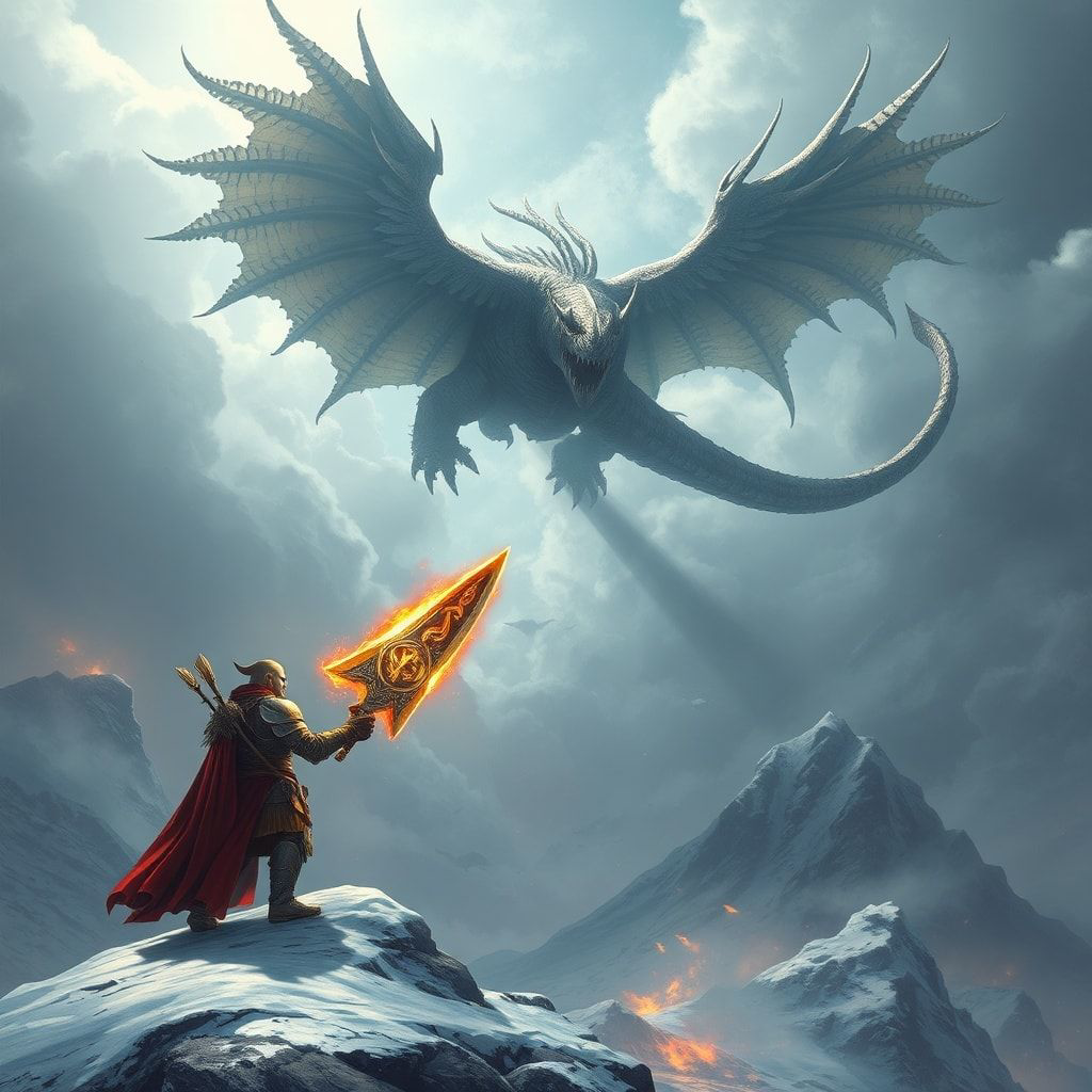 A towering, armored warrior stands atop a snow-capped peak, wielding a glowing rune-etched blade as a colossal, scaled beast descends from storm-wracked skies, its wings casting jagged shadows over...
