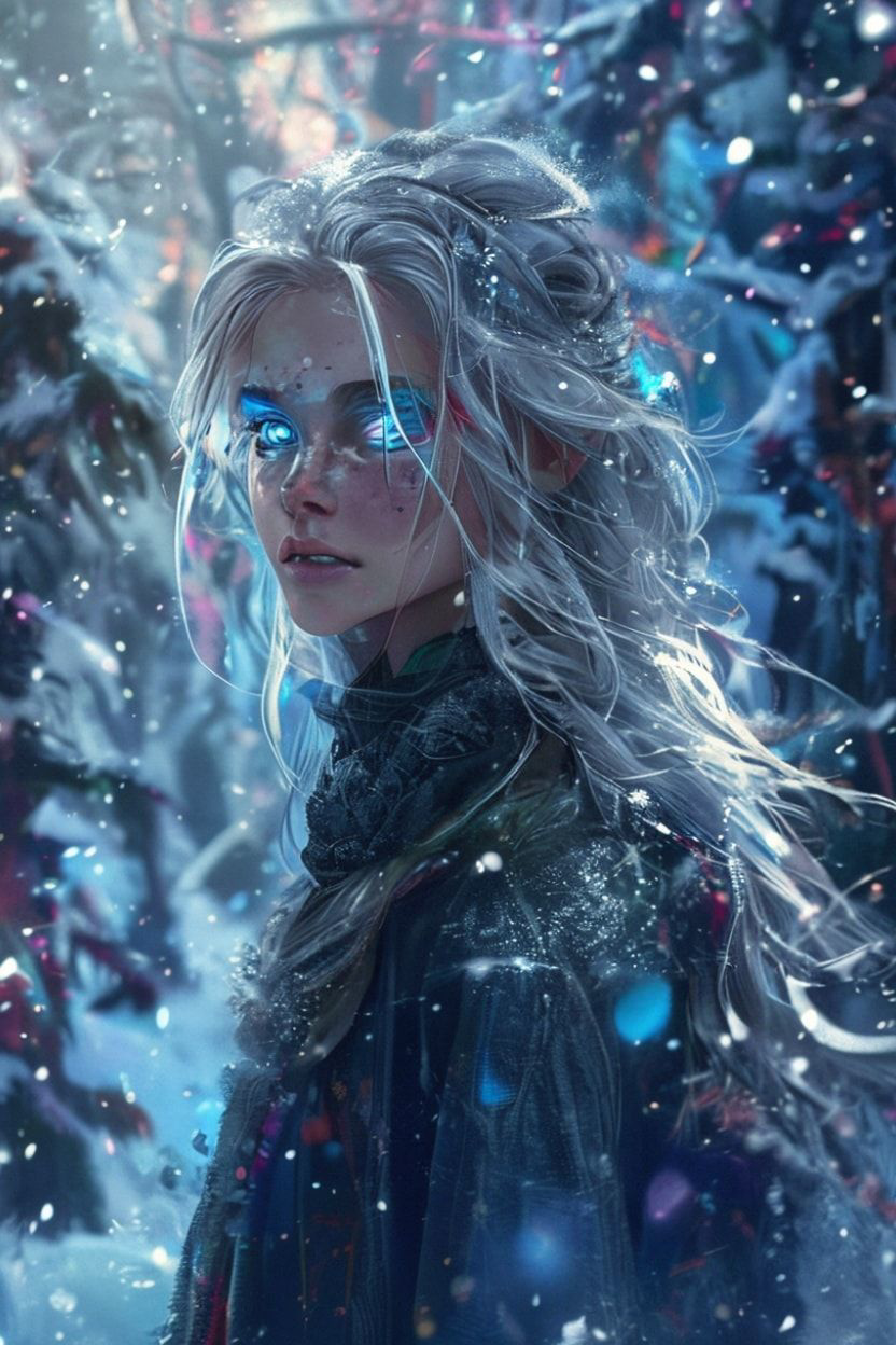 mystical young woman with silver hair and glowing blue eyes stands amidst an ancient, snow-laden forest